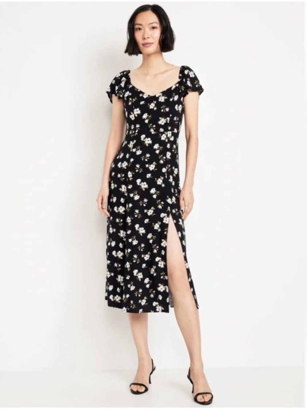 Black Floral Flutter-Sleeve Crepe Midi Dress
